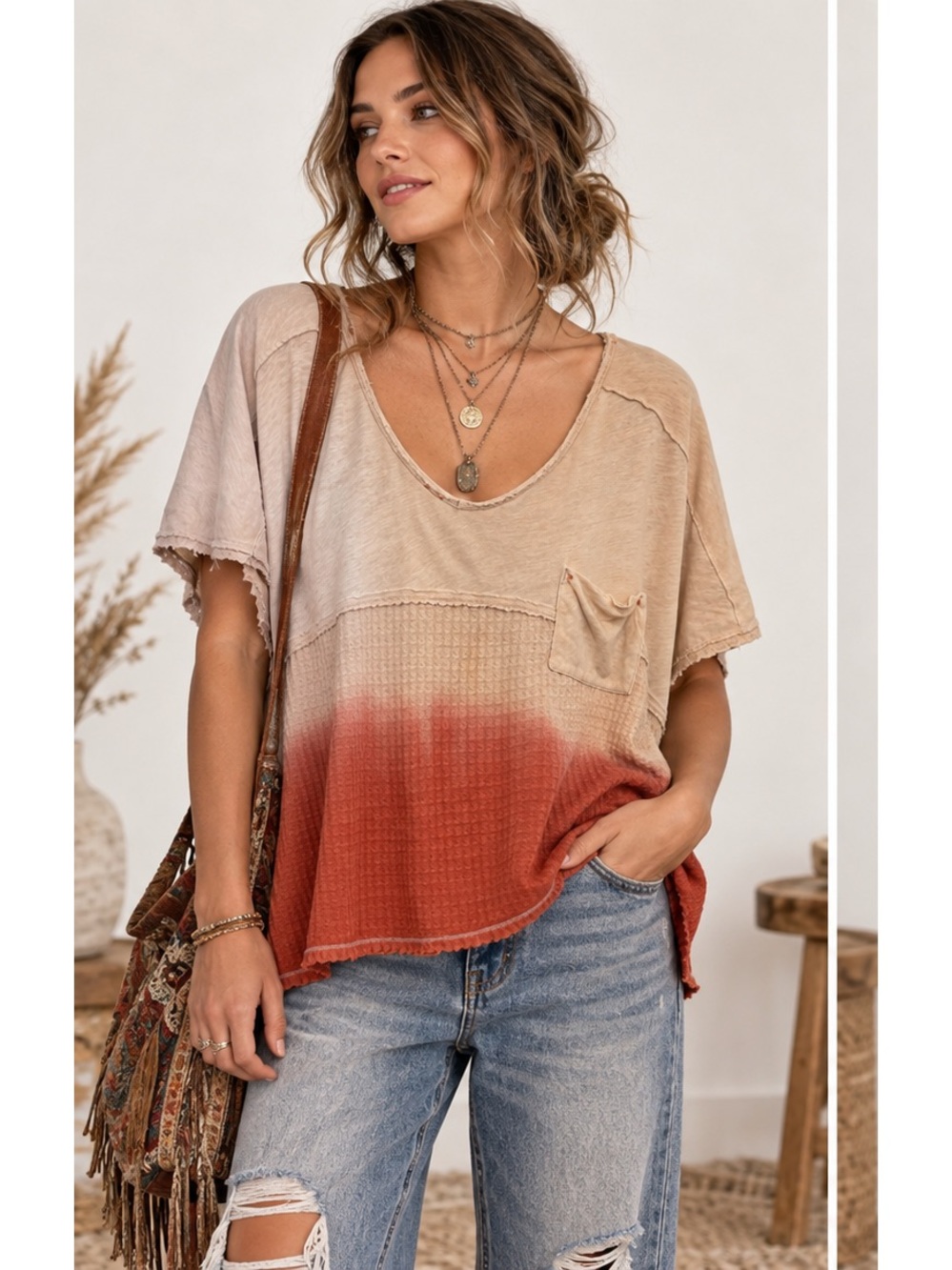 We The Free Short-Sleeve Ombre Cream & Coral Waffle Knit Boho Fairy Fall Medium
